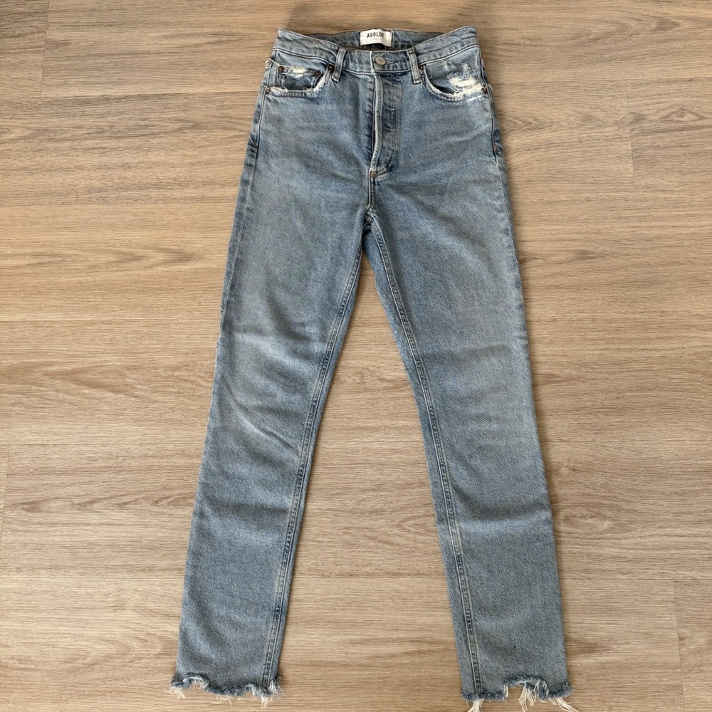 agolde nico medium blue wash high waisted rise skinny leg cropped denim jeans